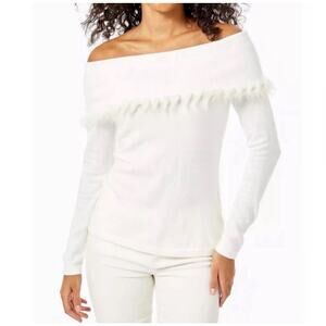 Lilly Pulitzer Sweater S White Fur Trim Off Shoulder Balletcore Cashmere Blend